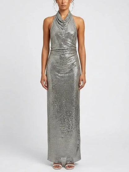 Rhinestone Draped Halter Neck Evening Gown - XS - Dresses