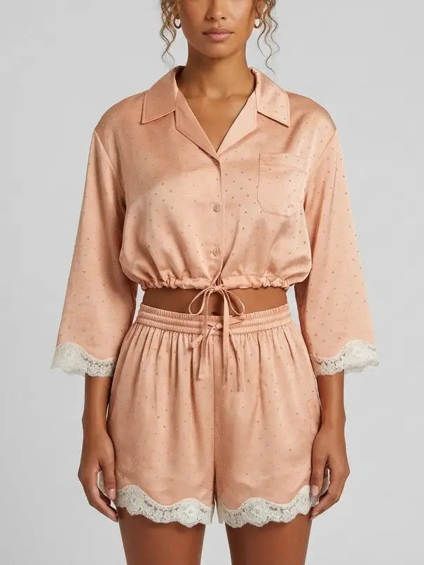 Rhinestone Drawstring Shirt and Shorts Set - Small / Nude/Pink - Suits & Sets