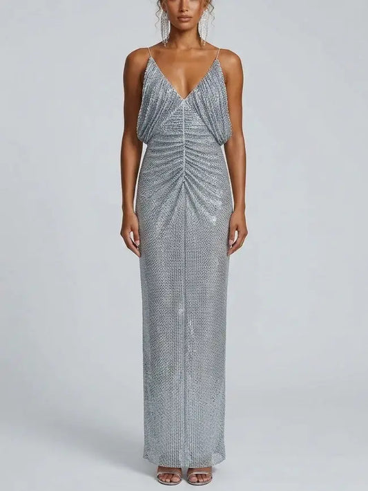 Rhinestone Embellished Draped Maxi Gown - XS - Dresses