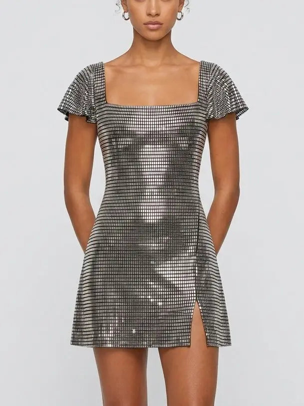 Rhinestone Embellished Flutter Sleeve Mini Dress - XS - Dresses