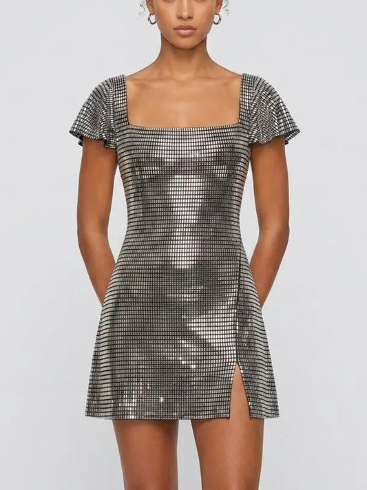 Rhinestone Embellished Flutter Sleeve Mini Dress - XS - Dresses