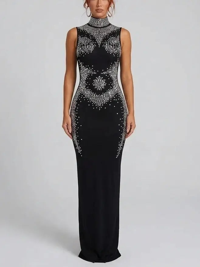 Rhinestone Embellished High Neck Black Maxi Dress - S - Dresses