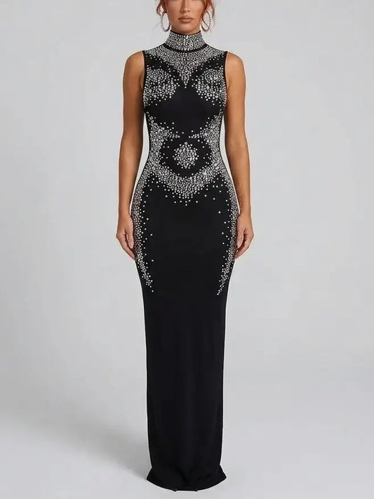 Rhinestone Embellished High Neck Black Maxi Dress - S - Dresses