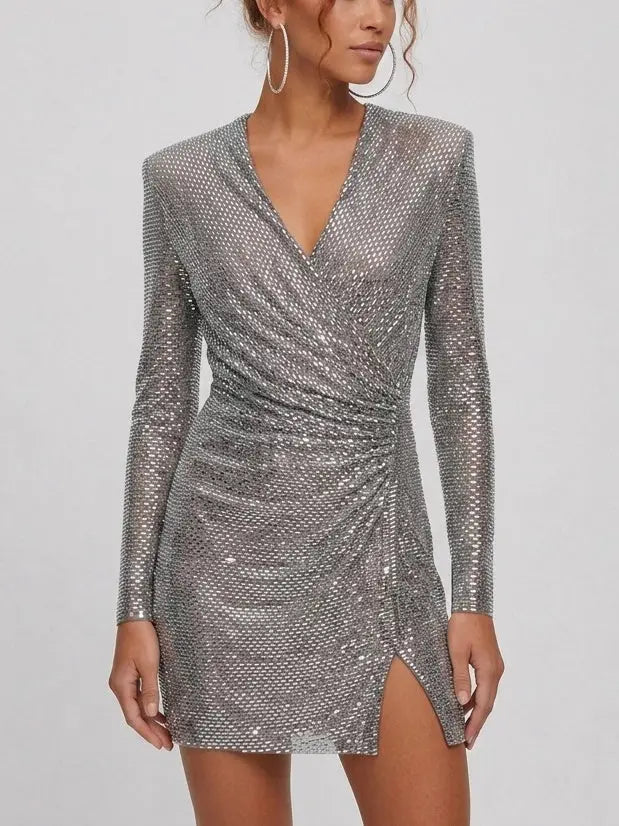 Rhinestone Embellished Ruched V-Neck Mini Dress - XS - Dresses