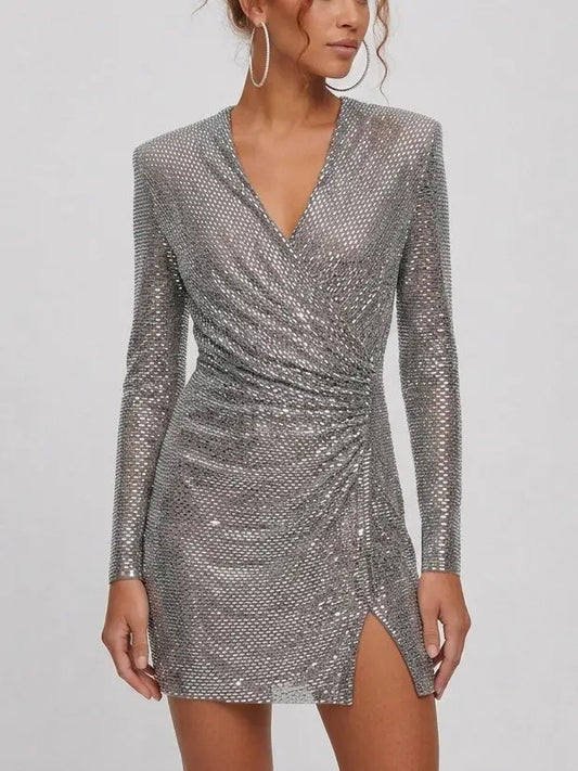 Rhinestone Embellished Ruched V-Neck Mini Dress - XS - Dresses