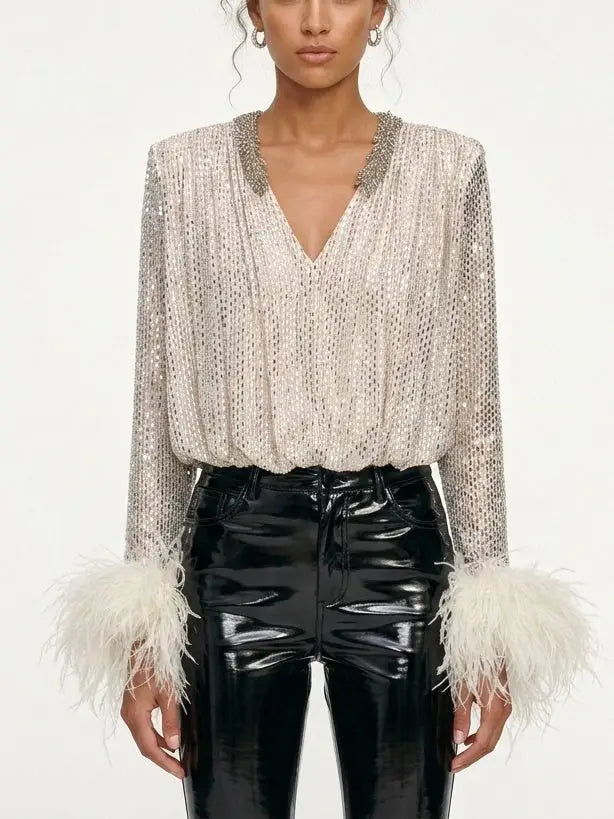 Rhinestone Feather Cuff V Neck Blouse in Champagne - XS - Tops