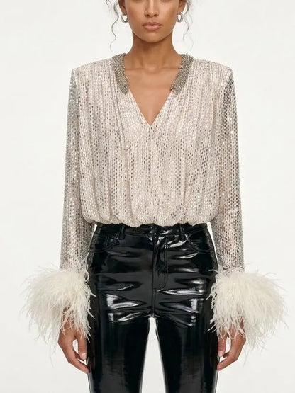 Rhinestone Feather Cuff V Neck Blouse in Champagne - XS - Tops