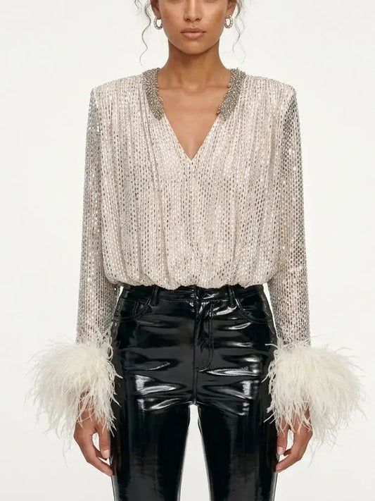 Rhinestone Feather Cuff V Neck Blouse in Champagne - XS - Tops