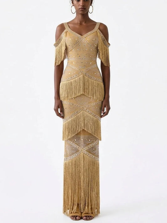 Rhinestone Fringe Evening Gown with Cutout Shoulders - S / Gold - Dresses