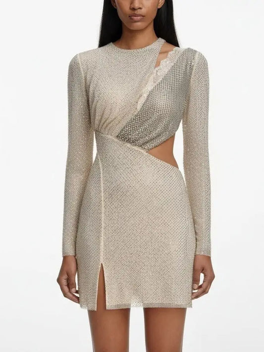 Rhinestone Lace-Trim Cut-Out Long Sleeve Mini Dress - XS - Dresses