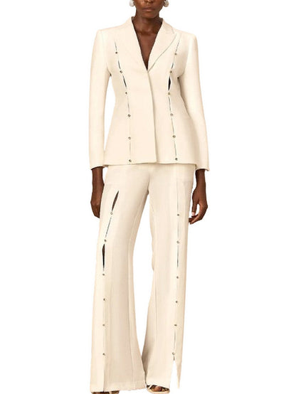Rhinestone Stud-Embellished White Blazer and Pant Set - S - Suits & Sets