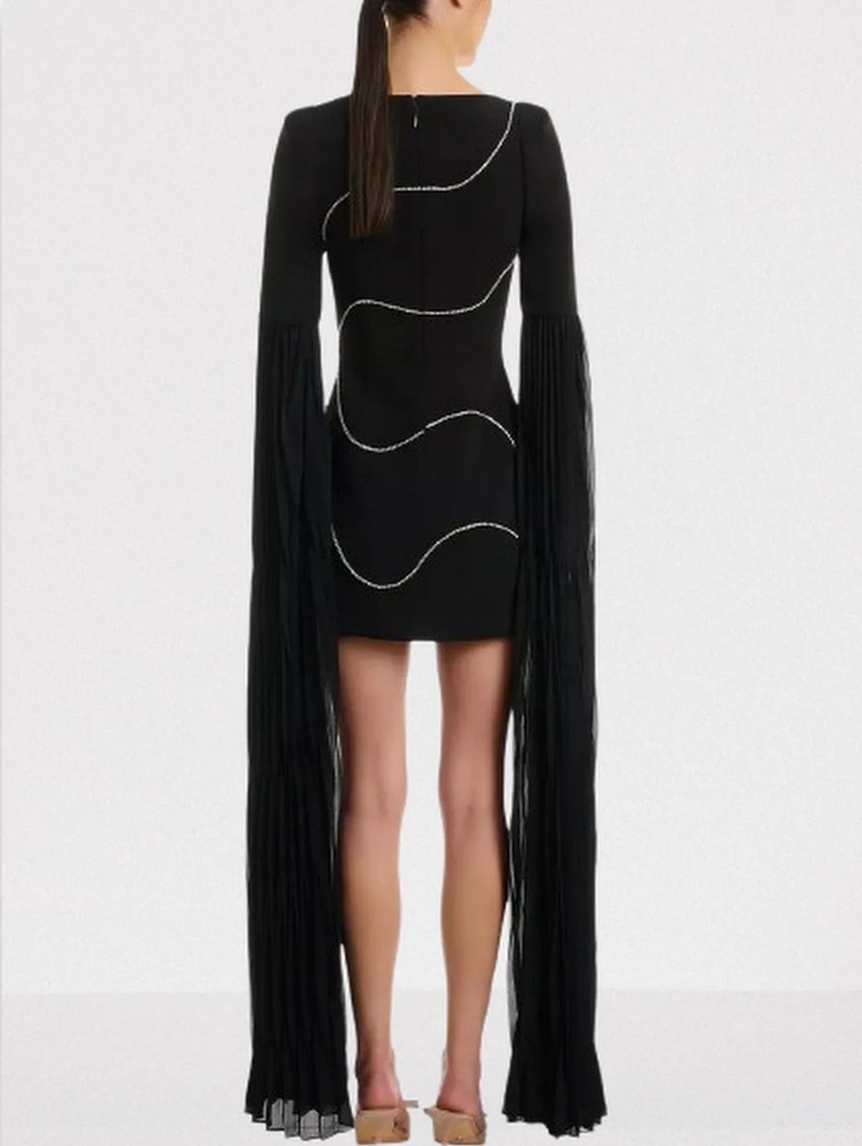 Rhinestone Black Mini Dress with Long Chiffon Sleeves - Dresses