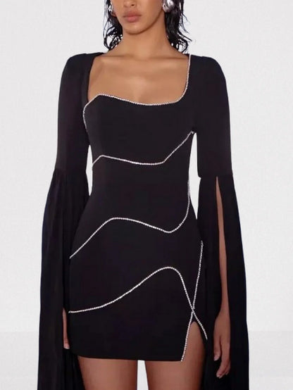 Rhinestone Black Mini Dress with Long Chiffon Sleeves - Dresses