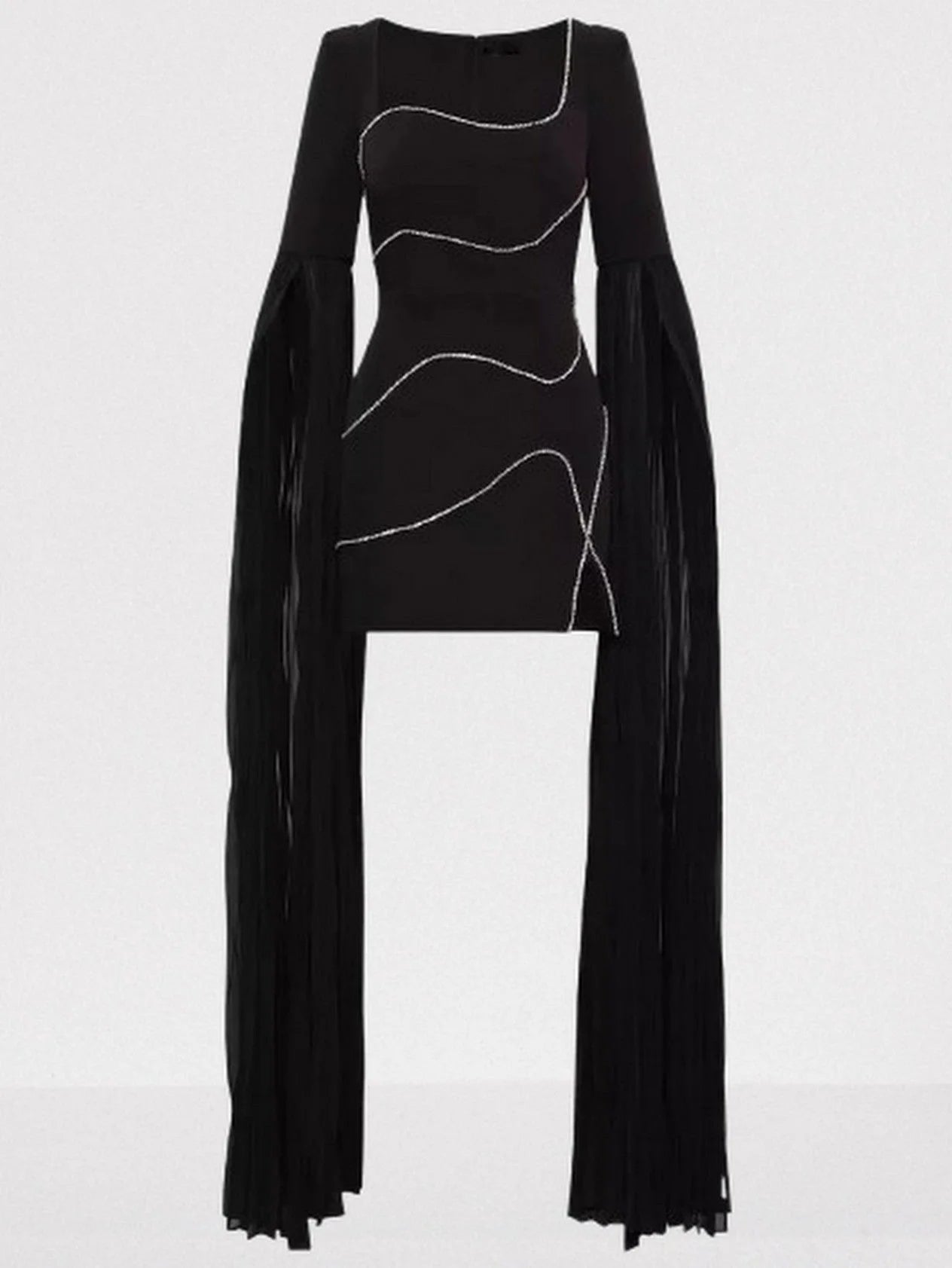 Rhinestone Black Mini Dress with Long Chiffon Sleeves - Dresses