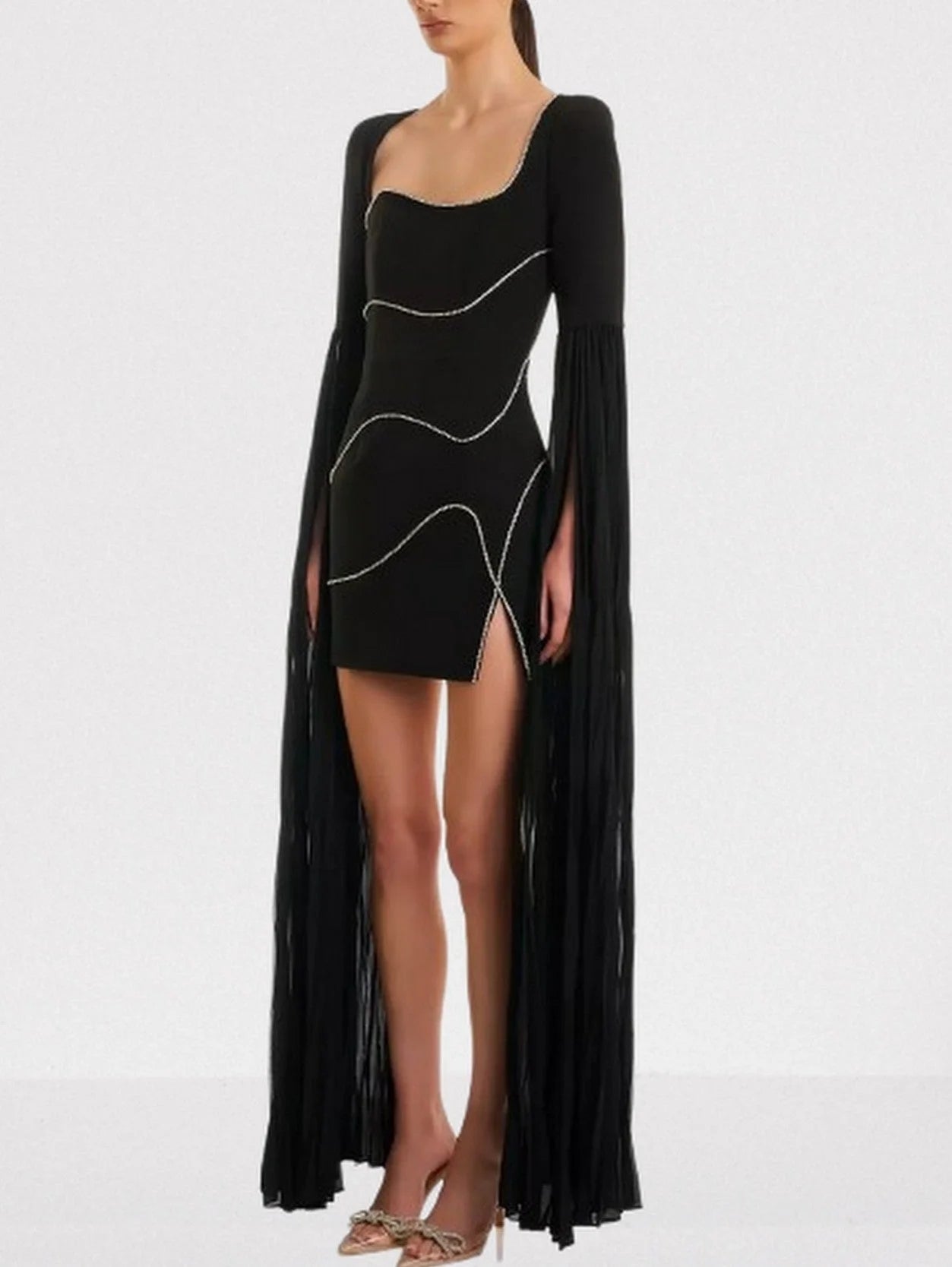 Rhinestone Black Mini Dress with Long Chiffon Sleeves - Dresses