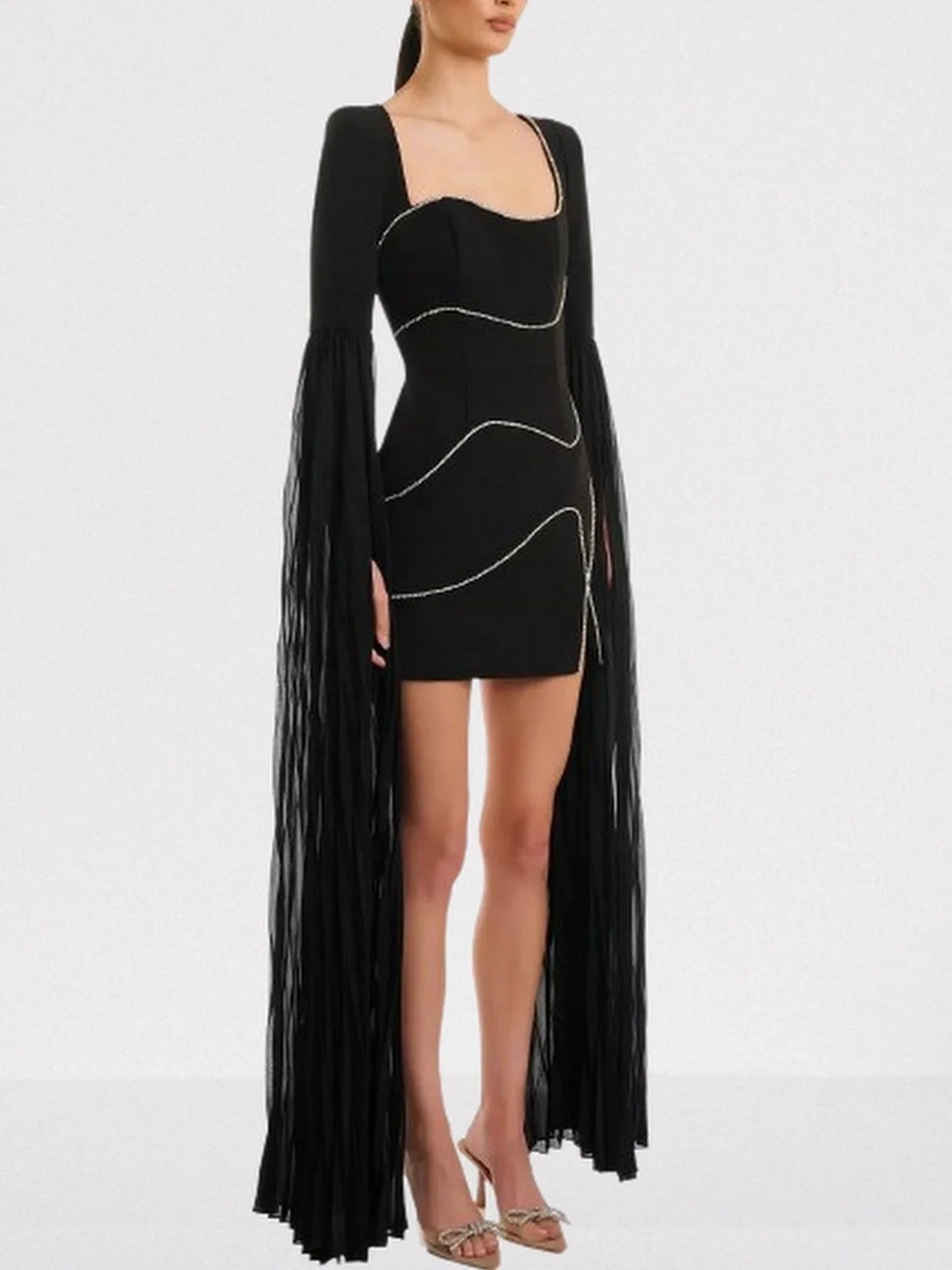 Rhinestone Black Mini Dress with Long Chiffon Sleeves - Dresses