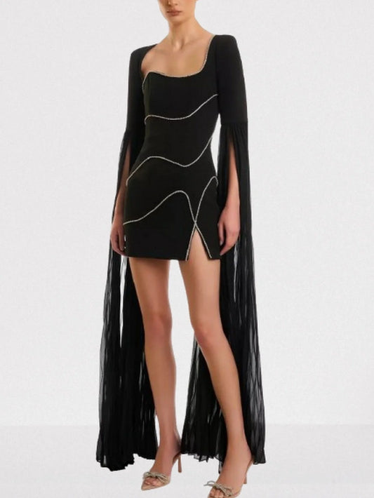 Rhinestone Black Mini Dress with Long Chiffon Sleeves - Dresses