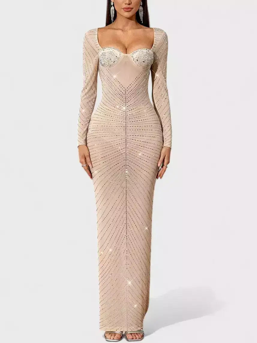 Rhinestone Bustier Long-Sleeve Nude Maxi Gown - Dresses
