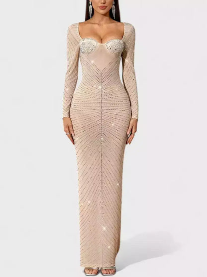 Rhinestone Bustier Long-Sleeve Nude Maxi Gown - Dresses
