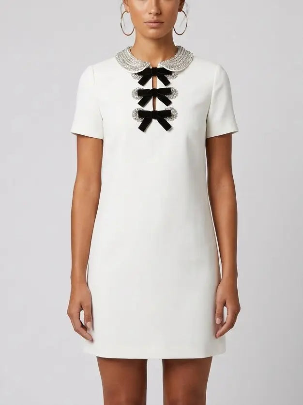 Rhinestone Collar White Mini Dress with Velvet Bows - Dresses