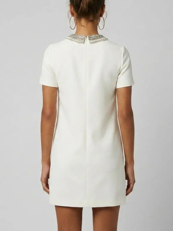 Rhinestone Collar White Mini Dress with Velvet Bows - Dresses