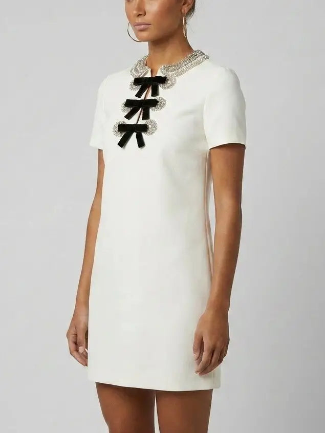 Rhinestone Collar White Mini Dress with Velvet Bows - Dresses