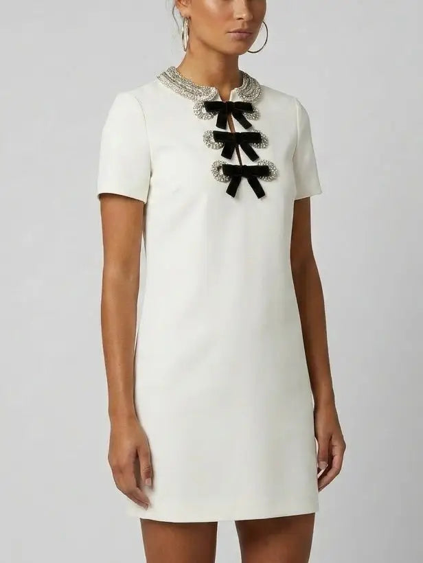Rhinestone Collar White Mini Dress with Velvet Bows - Dresses