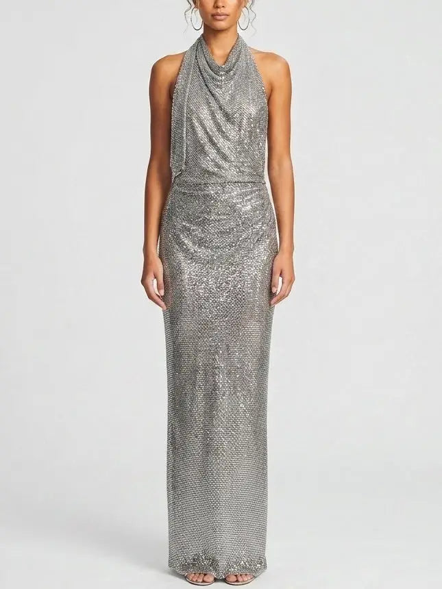 Rhinestone Draped Halter Neck Evening Gown - Dresses