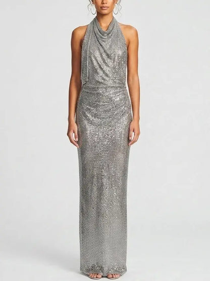 Rhinestone Draped Halter Neck Evening Gown - Dresses