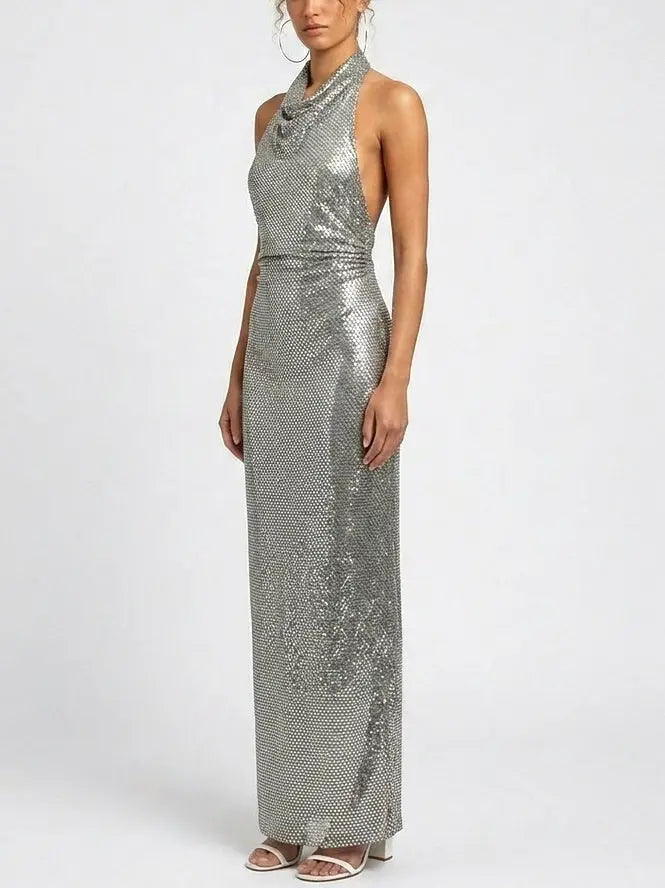 Rhinestone Draped Halter Neck Evening Gown - Dresses