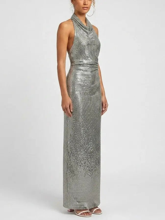 Rhinestone Draped Halter Neck Evening Gown - Dresses