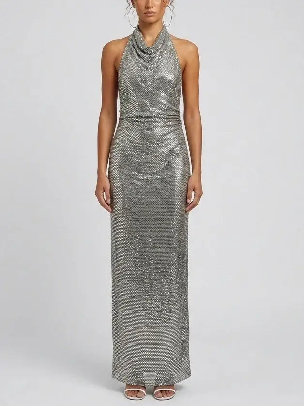 Rhinestone Draped Halter Neck Evening Gown - Dresses