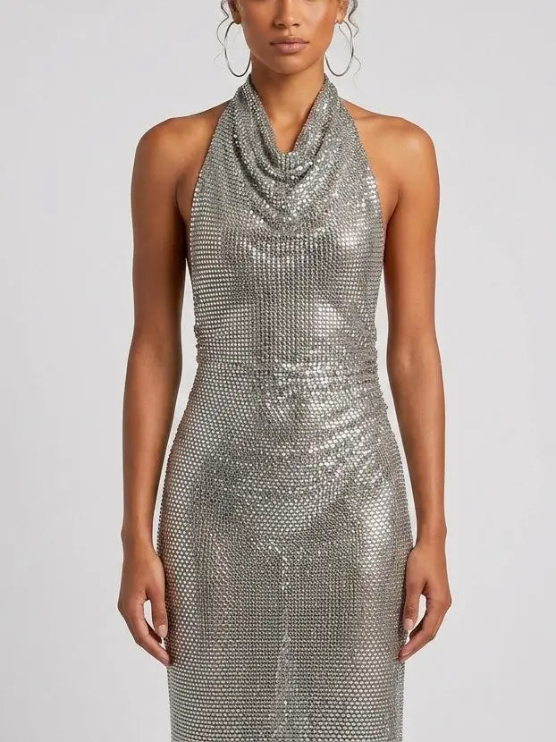 Rhinestone Draped Halter Neck Evening Gown - Dresses