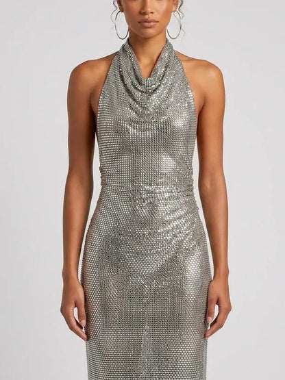Rhinestone Draped Halter Neck Evening Gown - Dresses