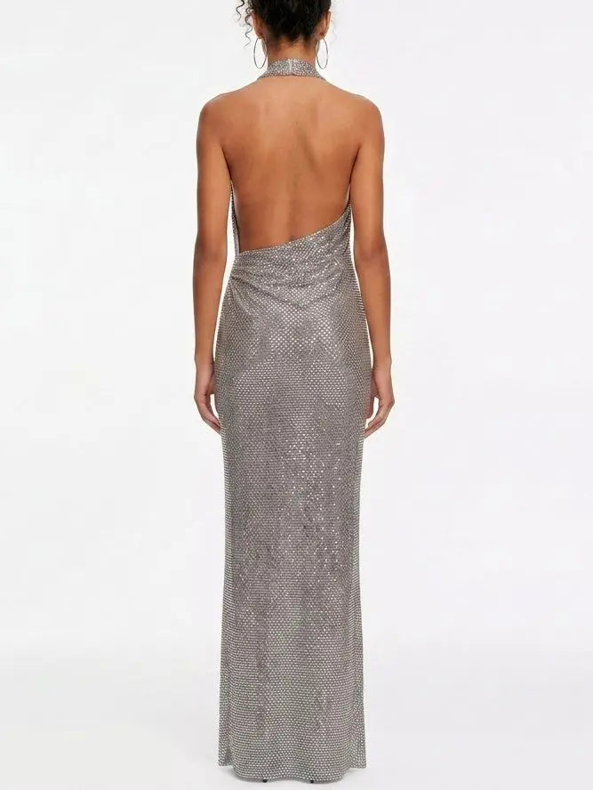 Rhinestone Draped Halter Neck Evening Gown - Dresses