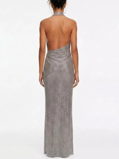 Rhinestone Draped Halter Neck Evening Gown - Dresses