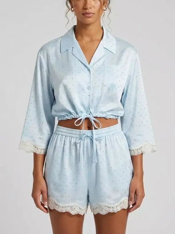 Rhinestone Drawstring Shirt and Shorts Set - Small / Sky Blue - Suits & Sets