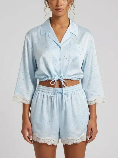 Rhinestone Drawstring Shirt and Shorts Set - Small / Sky Blue - Suits & Sets