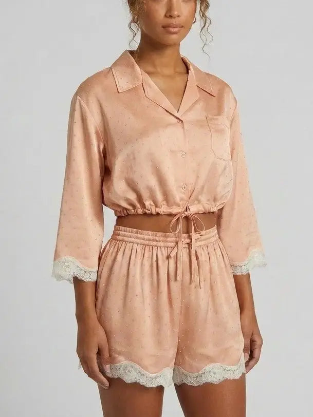 Rhinestone Drawstring Shirt and Shorts Set - Suits & Sets