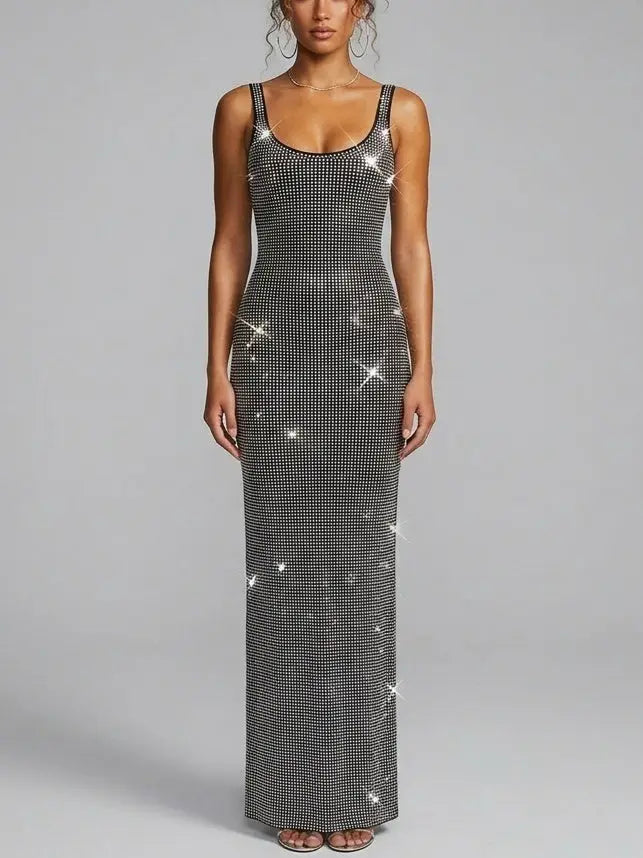 Rhinestone Embellished Black Maxi Tank Dress - Dresses
