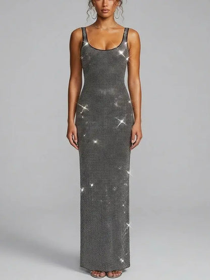 Rhinestone Embellished Black Maxi Tank Dress - Dresses