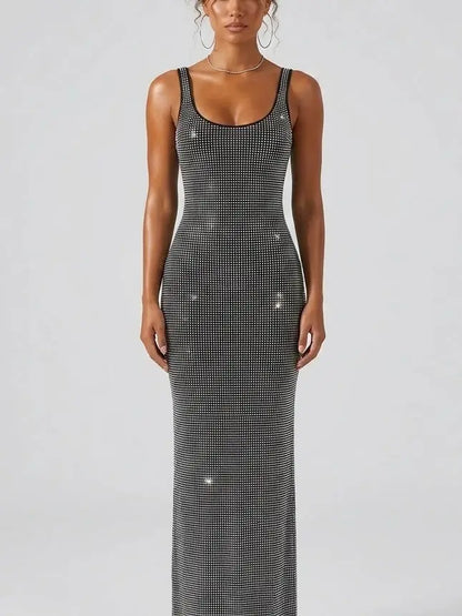 Rhinestone Embellished Black Maxi Tank Dress - Dresses