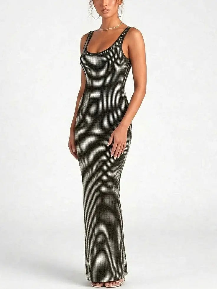 Rhinestone Embellished Black Maxi Tank Dress - Dresses