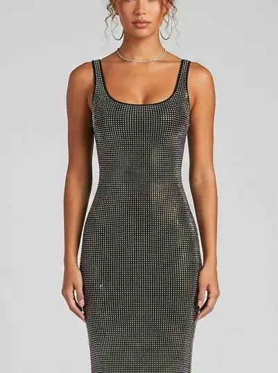 Rhinestone Embellished Black Maxi Tank Dress - Dresses