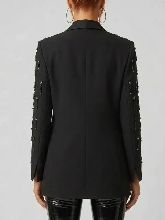 Rhinestone Embellished Blazer with Beaded Fringe - Jackets