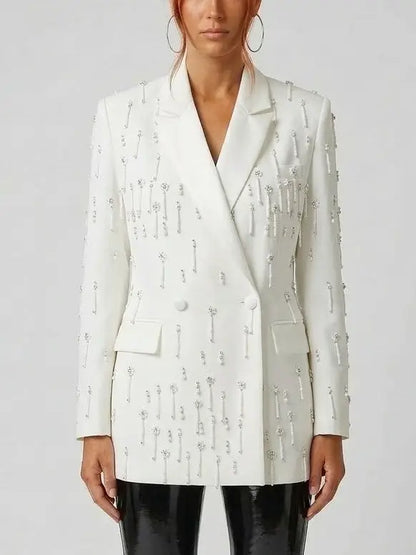Rhinestone Embellished Blazer with Beaded Fringe - S / White - Jackets