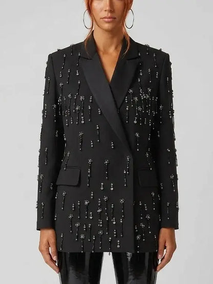 Rhinestone Embellished Blazer with Beaded Fringe - Jackets