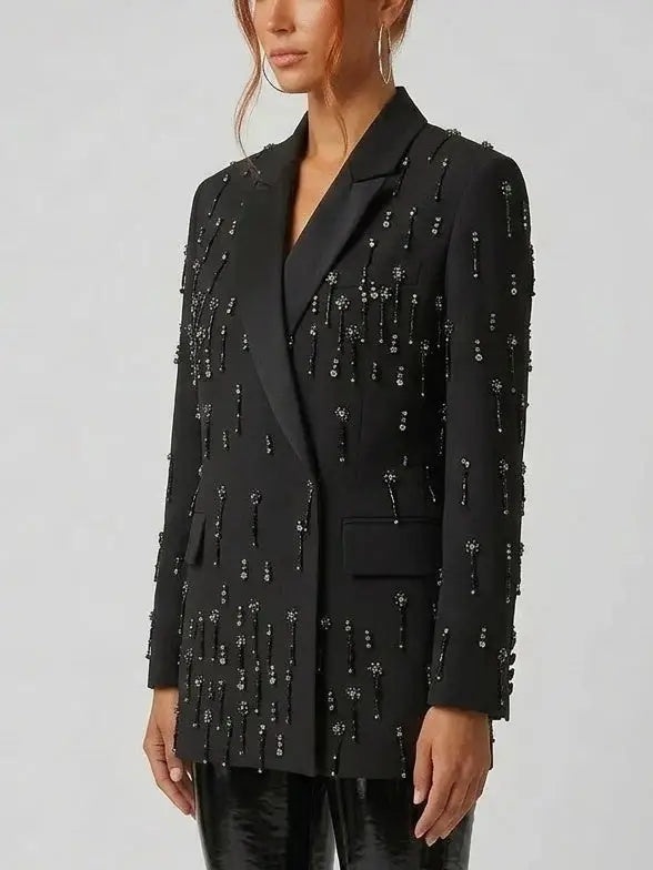 Rhinestone Embellished Blazer with Beaded Fringe - Jackets