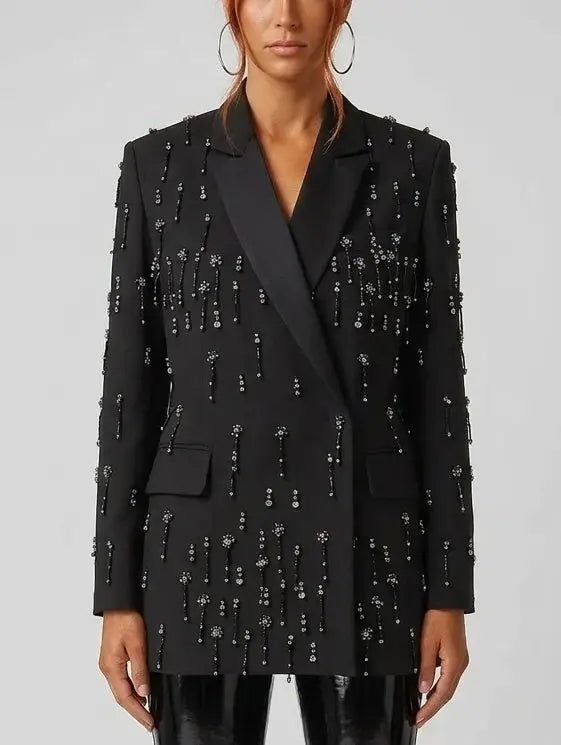 Rhinestone Embellished Blazer with Beaded Fringe - S / Black - Jackets
