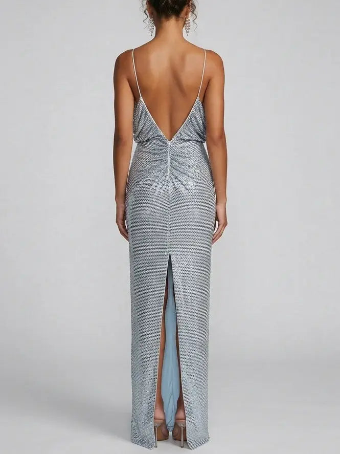 Rhinestone Embellished Draped Maxi Gown - Dresses